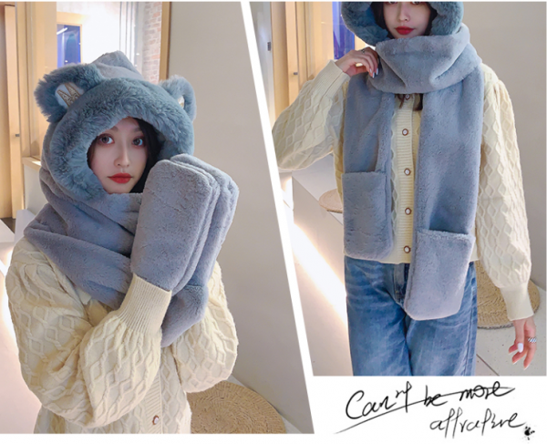 Women's Winter Hats Thickened Plush One-piece Scarf Three Piece Set