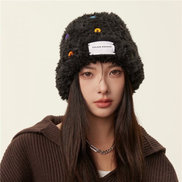 Women's Plush Woven Hat With Thick Warm Colored Buttons