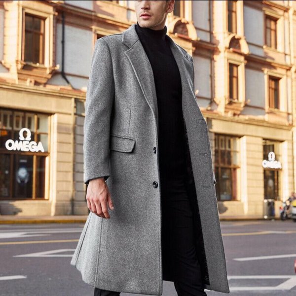 British Men's Long Trench Coat Woolen Coat